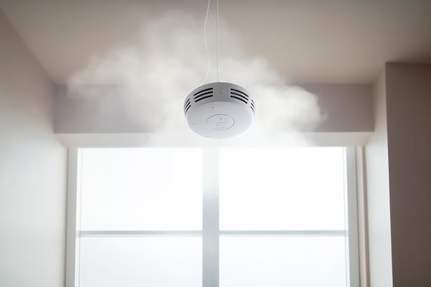 Foto aus einem rauchmelder in einem raum mit generativer ki tritt rauch aus
