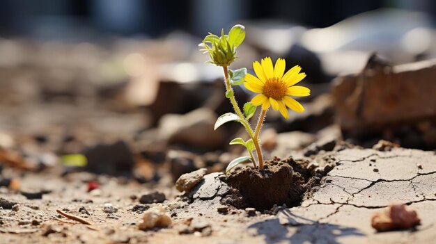 Aus einem Spalt im Boden wächst eine kleine gelbe Blume