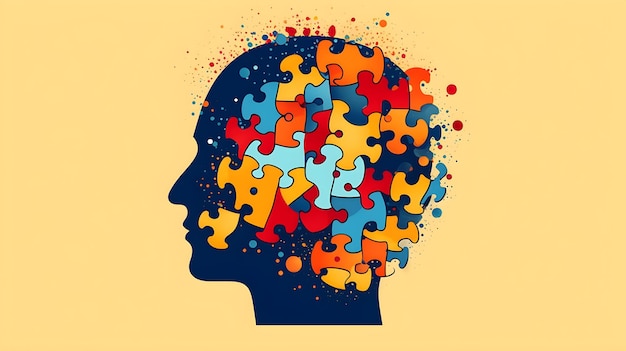 Aus Puzzleteilen geformter menschlicher Kopf als Gehirn Konzept der Psychologie psychische Gesundheit Alzheimer-Demenz Autismus Gehirn oder psychische Probleme und Persönlichkeitsstörung Generative KI