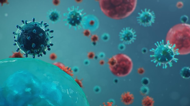 Ausbruch der chinesischen Influenza – genannt Coronavirus oder 2019-nCoV, die sich auf der ganzen Welt verbreitet hat. Gefahr einer Pandemie, Epidemie der Menschheit. Menschliche Zellen, das Virus infiziert Zellen, 3D-Illustration