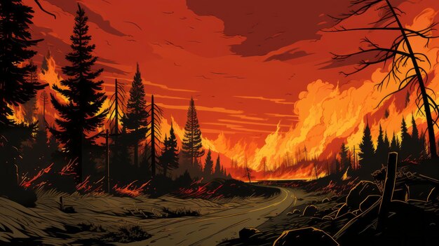Ausbruch von Waldbränden Ein Comic, der eine feurige Katastrophe darstellt