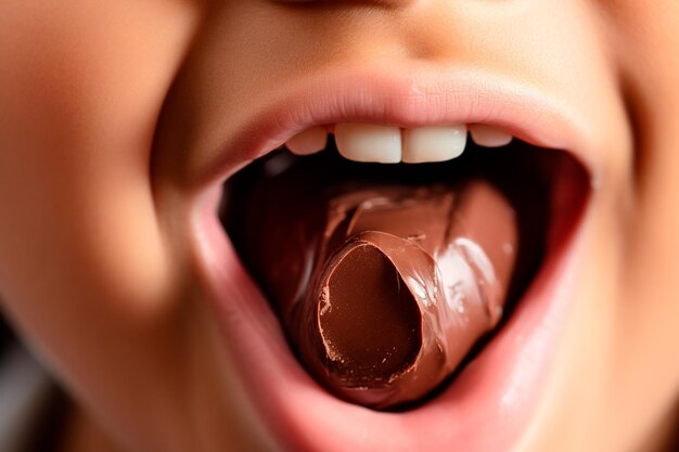 Ausdruck der Freude Nahaufnahme eines Kindes, das ein großzügiges Stück Schokolade genießt