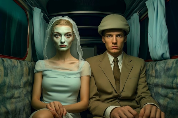 Ausdrucksloses Paar im Bus symbolisiert die hypnotisierte westliche Gesellschaft