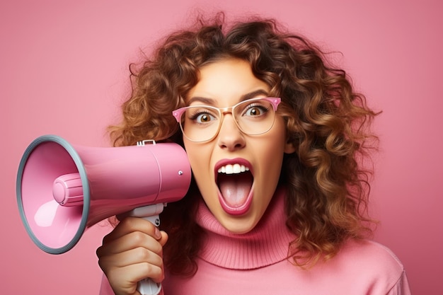 Foto ausdrucksstarke frau mit megaphon auf rosa hintergrund