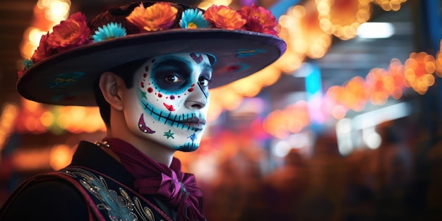 Ausdrucksstarker Typ, der Sugar Skull Makeup zum Tag der Toten rockt