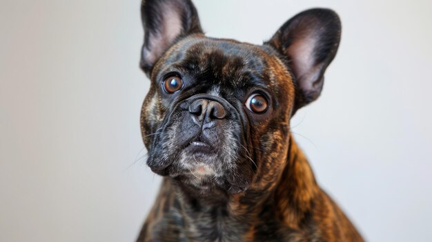 Ausdrucksstarkes französisches Bulldog mit großen Ohren, das neugierig auf einem neutralen Hintergrund schaut