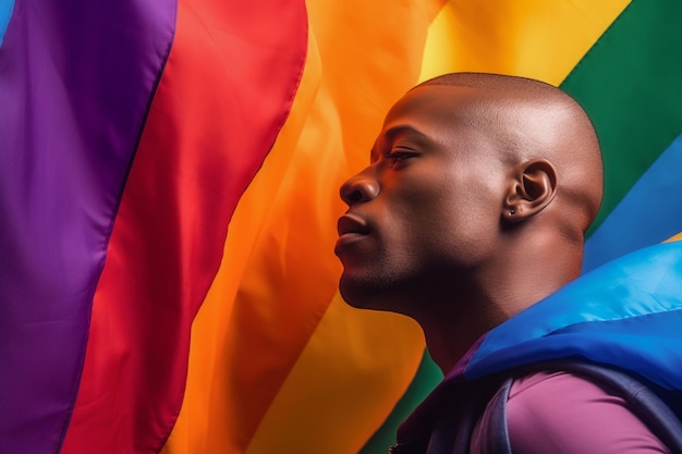Ausdrucksstarkes Pride-Foto eines schwulen Mannes mit einer Regenbogenfahne als Hintergrundbild für den Pride-Monat