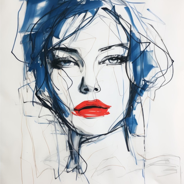 Ausdrucksstarkes und elegantes Elizabeth39s-Gesicht mit blauen Linien und rotem Lippenstift