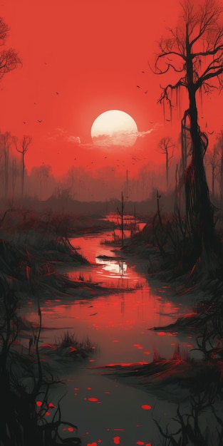 Ausführliche Illustration des postapokalyptischen Sumpfes mit roter Sonne