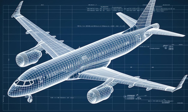 Ausführliche technische Illustration der Komponenten eines Flugzeugs, dargestellt in einem Bauplan. Erstellung mit generativen KI-Tools