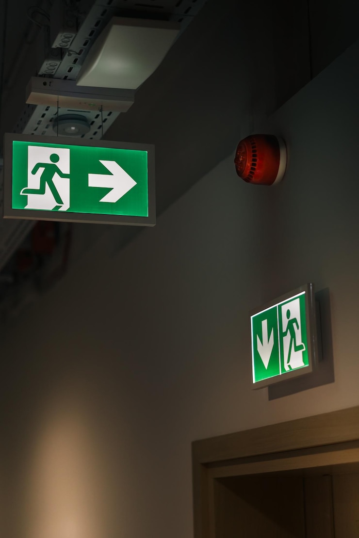Foto ausgangsschild hotel geschäftsbüro innenraum beleuchtetes schild fluchtrichtung notrufe sirene