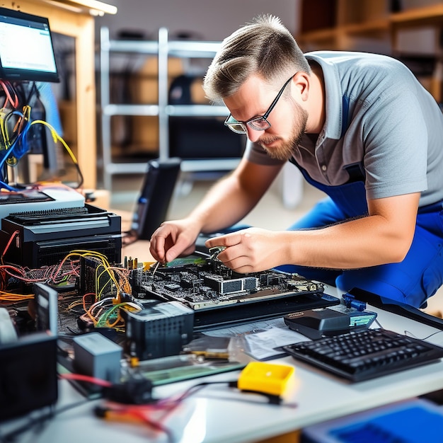 Foto ausgebildeter techniker upgrade und reparatur von computerhardware