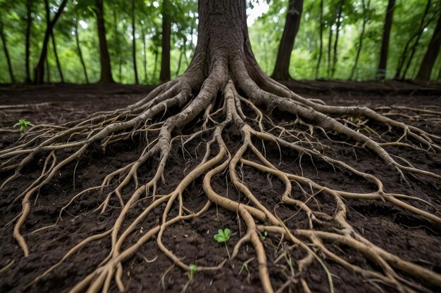 Foto ausgedehnte baumwurzeln in reichem waldboden