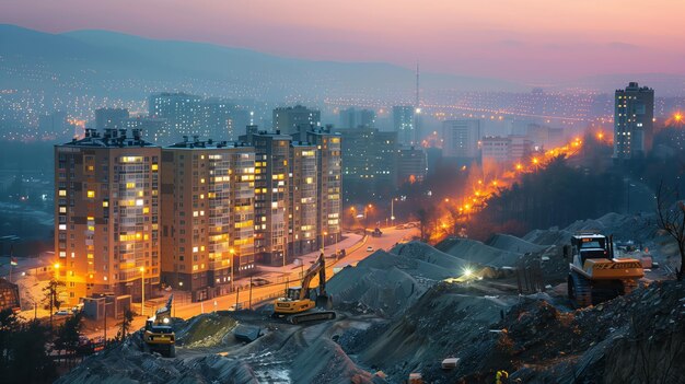 Ausgedehnte Baustelle bei Twilight Against Cityscape