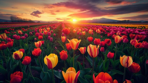 Foto ausgedehnte tulpenfelder in voller blüte, ihre lebendigen farben, eine atemberaubende leinwand der natur.