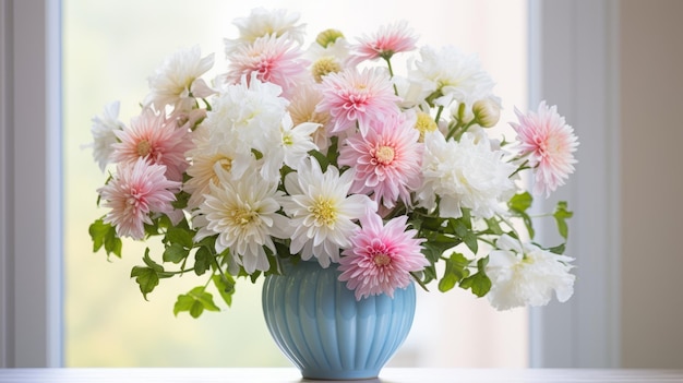 Ausgedehnte und farbenfrohe Arrangements aus rosa und weißen Dahlienblüten