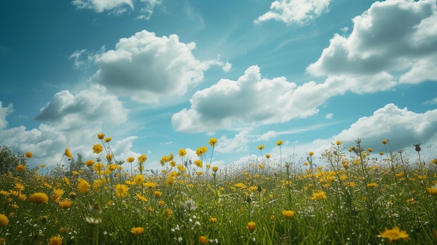 Ausgedehnter Blick auf ein gelbes Blumenfeld mit dramatischen Wolken und fernen Bergen