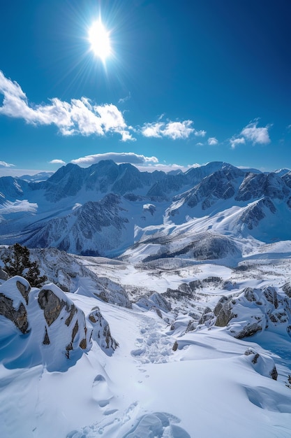 Ausgedehnter Blick auf schneebedeckte Gipfel und Täler mit bewaldeten Hängen unter einem sonnigen blauen Himmel