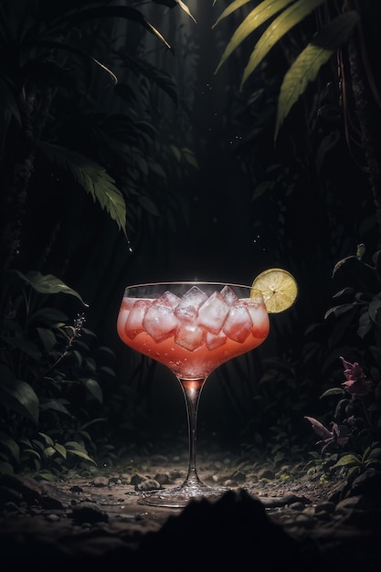 Ausgefallenes Cocktailglas mit Orangengetränk im dunklen Dschungel