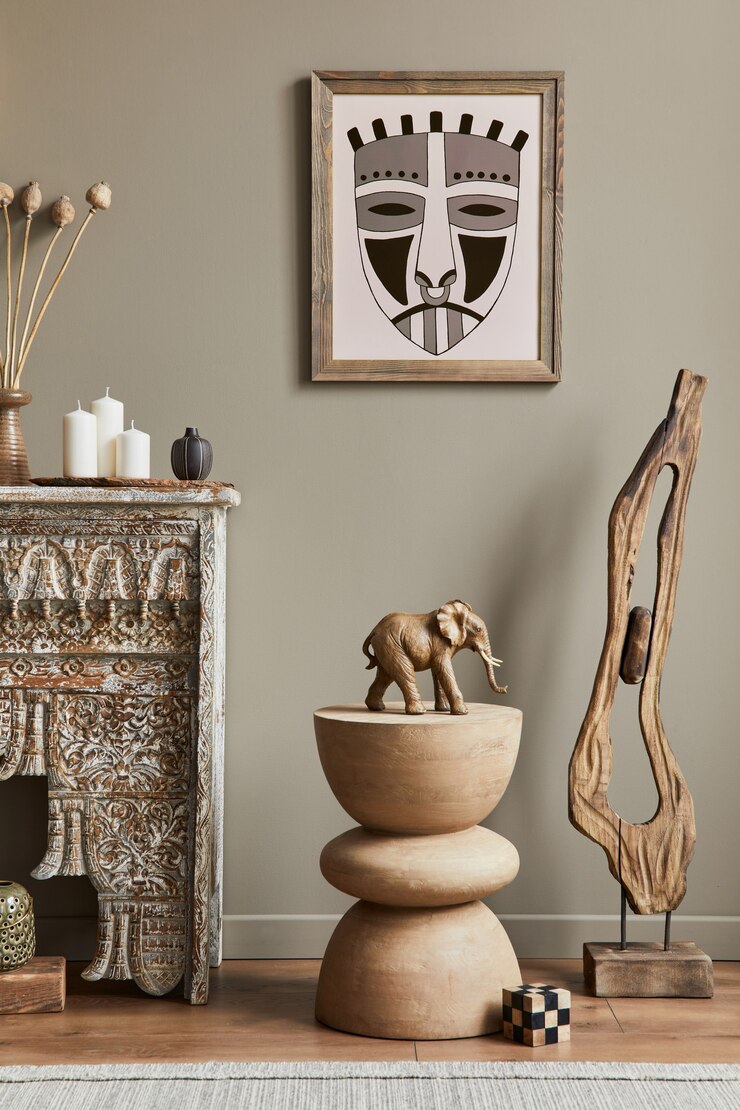 Foto ausgefallenes mediterranes interieur des wohnzimmers mit rahmen, designhocker, dekoration und eleganten persönlichen accessoires in stilvoller wohnkultur.