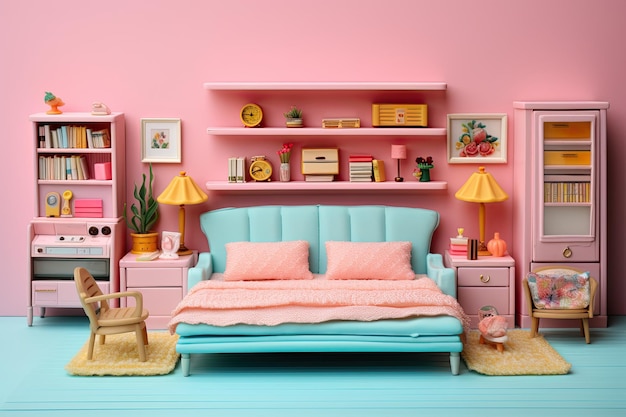 Ausgefallenes Puppenhaus-Interieur mit Möbeln, Kinderspielzeug, vielen rosafarbenen Plastikpastellfarben und spielenden Kindern