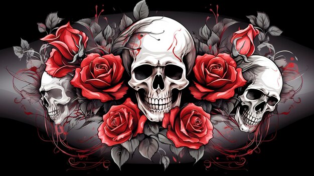 Ausgefallenes Tattoo-Design mit Totenköpfen und Rosen
