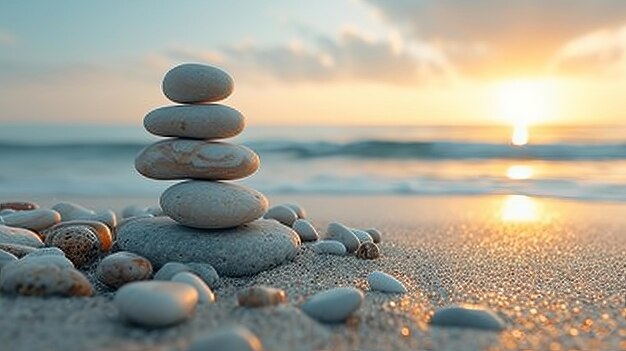 Foto ausgeglichene silhouette einer kiespyramide am strand