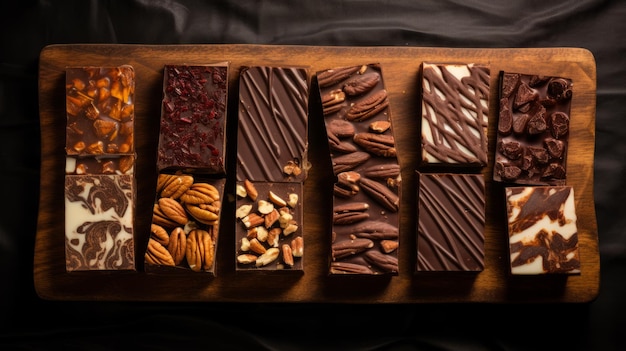 Ausgeklügelte Schokoladenriegel aus Holzblöcken mit Walnüssen, Pekannüssen und Ganache