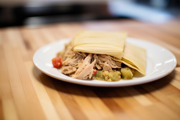 Ausgepackte Tamale mit Maisteig und gedämpfter Füllung