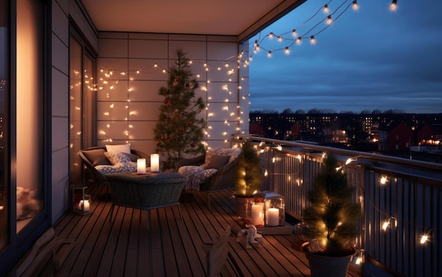 Ausgeschmückter Balkon strahlt Weihnachts- und Neujahrsfeiern aus