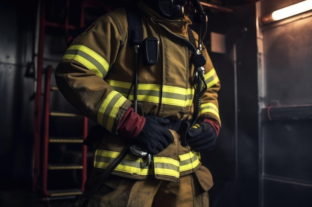 Ausgeschnittene Ansicht eines Feuerwehrmanns, der im Feuerwehrhaus steht, erstellt mit generativer KI