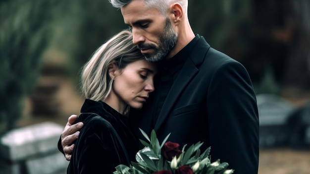 Ausgeschnittene Ansicht eines traurigen Mannes, der eine Frau bei der Beerdigung umarmt