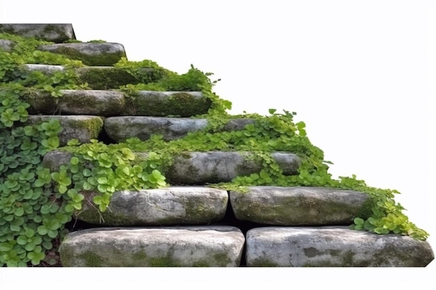 Ausgeschnittene Treppen aus großen Steinstufen Treppe, die mit grünen Pflanzen für die Landschafts- oder Gartengestaltung gesäumt ist Felsstufen, die auf weißem Hintergrund isoliert sind Generative KI