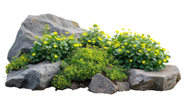 Ausgeschnittener Felsen umgeben von gelben Blumen