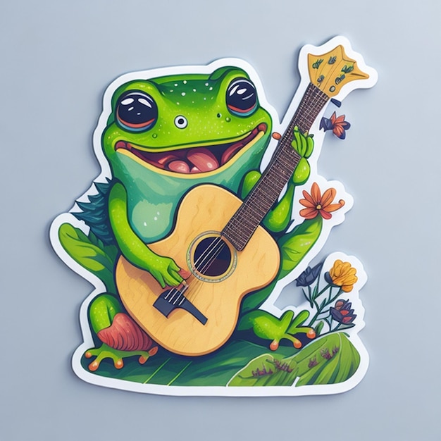 Ausgeschnittenes Aufkleberdesign mit dem Thema einer Froschfigur, die Gitarre spielt. AI Generated