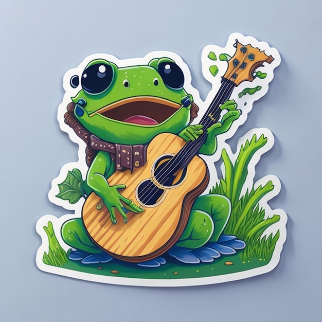 Ausgeschnittenes Aufkleberdesign mit dem Thema einer Froschfigur, die Gitarre spielt. AI Generated