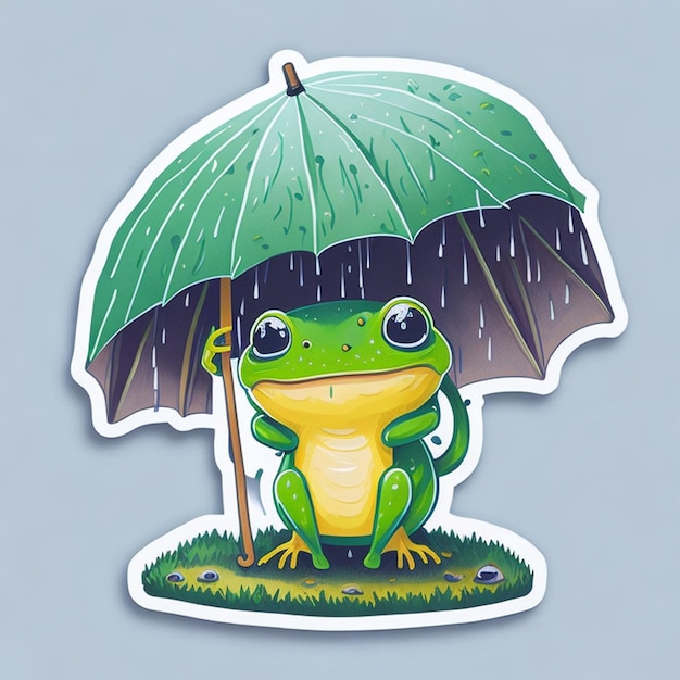 Ausgeschnittenes Aufkleberdesign mit dem Thema einer niedlichen Froschfigur unter Verwendung eines von der KI generierten Regenschirms