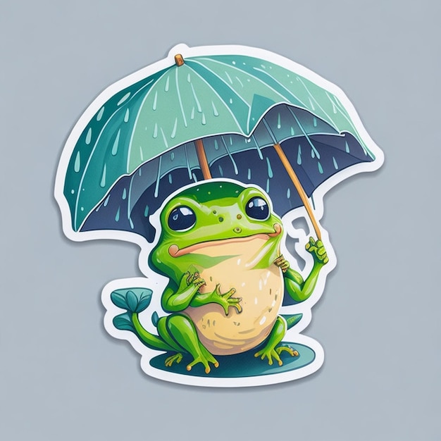 Ausgeschnittenes Aufkleberdesign mit dem Thema einer niedlichen Froschfigur unter Verwendung eines von der KI generierten Regenschirms