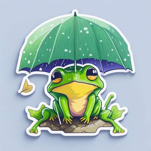 Ausgeschnittenes Aufkleberdesign mit dem Thema einer niedlichen Froschfigur unter Verwendung eines von der KI generierten Regenschirms