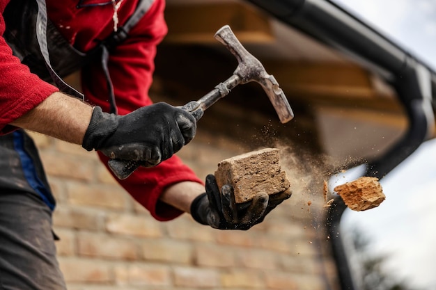 Ausgeschnittenes Bild der Hände eines Hausbauers, der ein Backstein-Hausbaukonzept formt