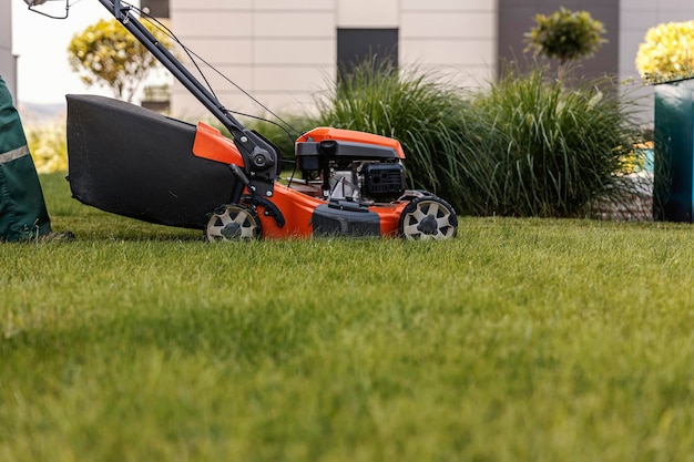 Ausgeschnittenes Bild einer Grasschneidemaschine, die den Rasen in einem öffentlichen Raum aufräumt