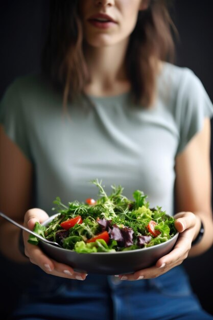 Ausgeschnittenes Porträt einer nicht wiederzuerkennenden Frau, die einen mit generativer KI erstellten Salat isst