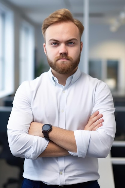 Ausgeschnittenes Porträt eines jungen Mannes, der mit verschränkten Armen im Büro steht und mit generativer KI erstellt wurde