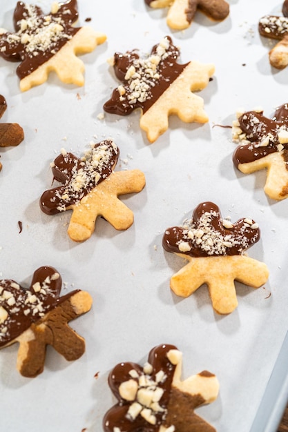 Ausgeschnittenes Zuckerkekse mit Schokoladenspitze und Haselnüssen spritzen