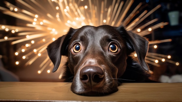 Ausgeschreckter brauner Labrador-Pey-Hund ausgeschreckt vor Feuerwerk am Silvesterabend voller Lärm