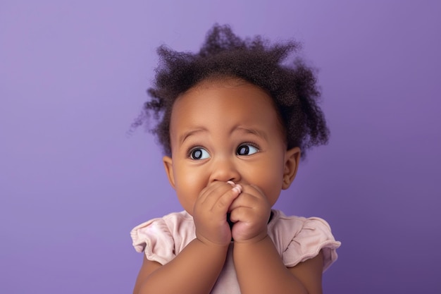 Ausgeschrecktes afroamerikanisches Baby und Nagelbissen im Studio mit Oops-Reaktion auf lila Hintergrund