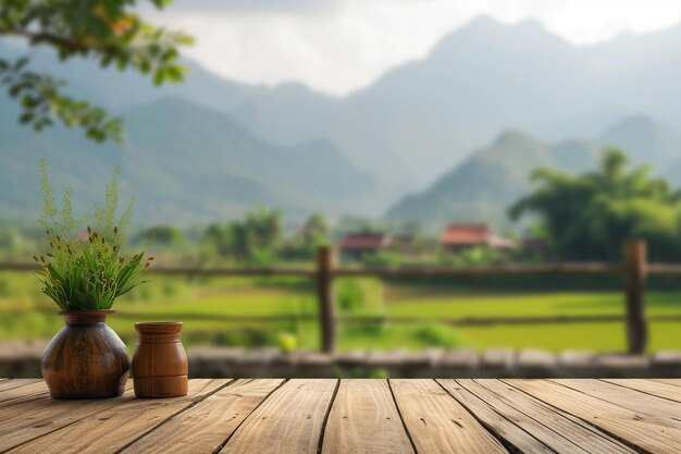 Ausgestaltete Holzprodukte mit asiatischen Hochlandgebieten im Hintergrund