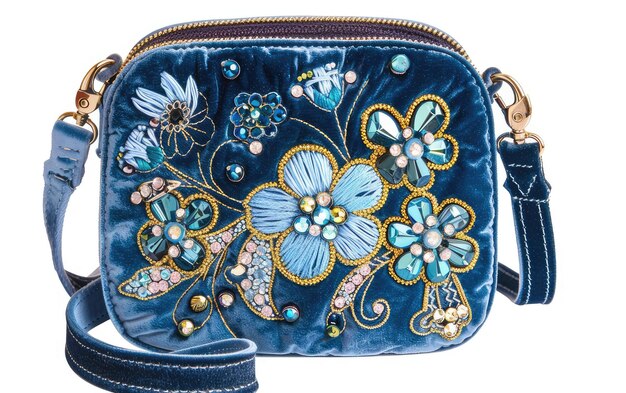 Foto ausgestreckte samt-crossbody-tasche azure allure generative ki