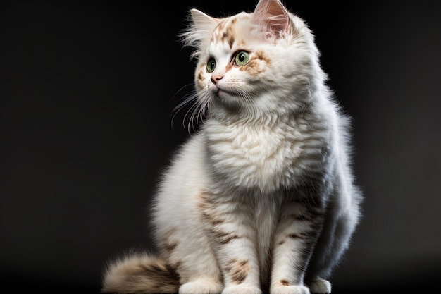 Ausgewachsene Creme mit weißer, seitlich stehender American Curl-Katze vor dunklem Hintergrund