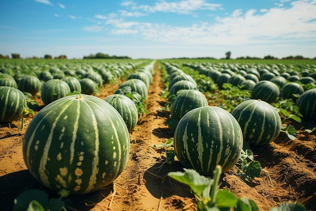 Ausgewachsene große Wassermelonen gedeihen in der Melonenfeld-KI